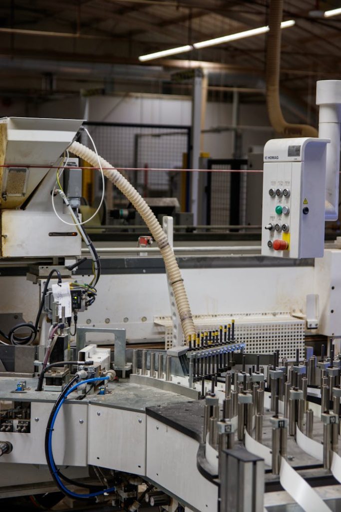 Close-up of automated machinery in an industrial factory setting, perfect for industry and technology themes.